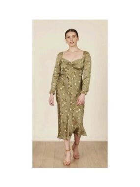 Park & Fifth Olive Green Floral Twist-Front Midi Dress
